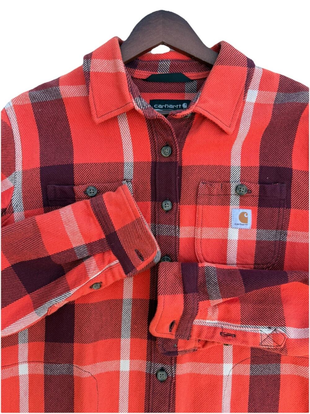Carhartt Women’s Plaid Flannel Shirt Jacket Orange Workwear Shacket Size 4-6